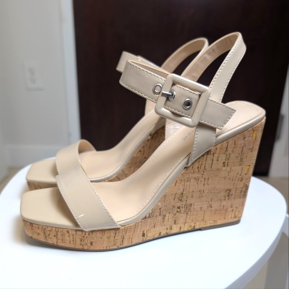 Marc Fisher Lukey Ivory Nude Open Toe Cork Wedge Sandal Heels Size 8 - Picture 1 of 8